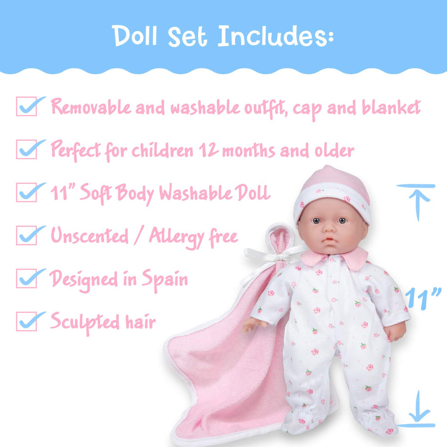 Caucasian 11-inch Small Soft Body Baby Doll | JC Toys - La Baby | Washable |Removable Pink Outfit w/ Hat & Blanket | For Children 12 Months +