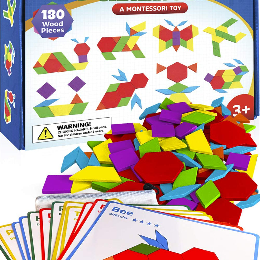 3 Bees & Me Wooden Pattern Blocks - Fun Montessori Learning Toys for Ages 3 to 9 - Tangram Shapes Set with 155 Pieces