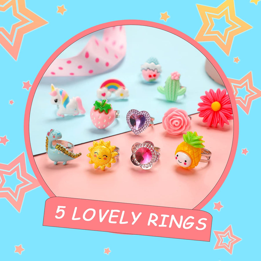PinkSheep Little Girl Jewel Rings in Box, Adjustable, No Duplication, Girl Pretend Play and Dress Up Rings (24 Lovely Ring)