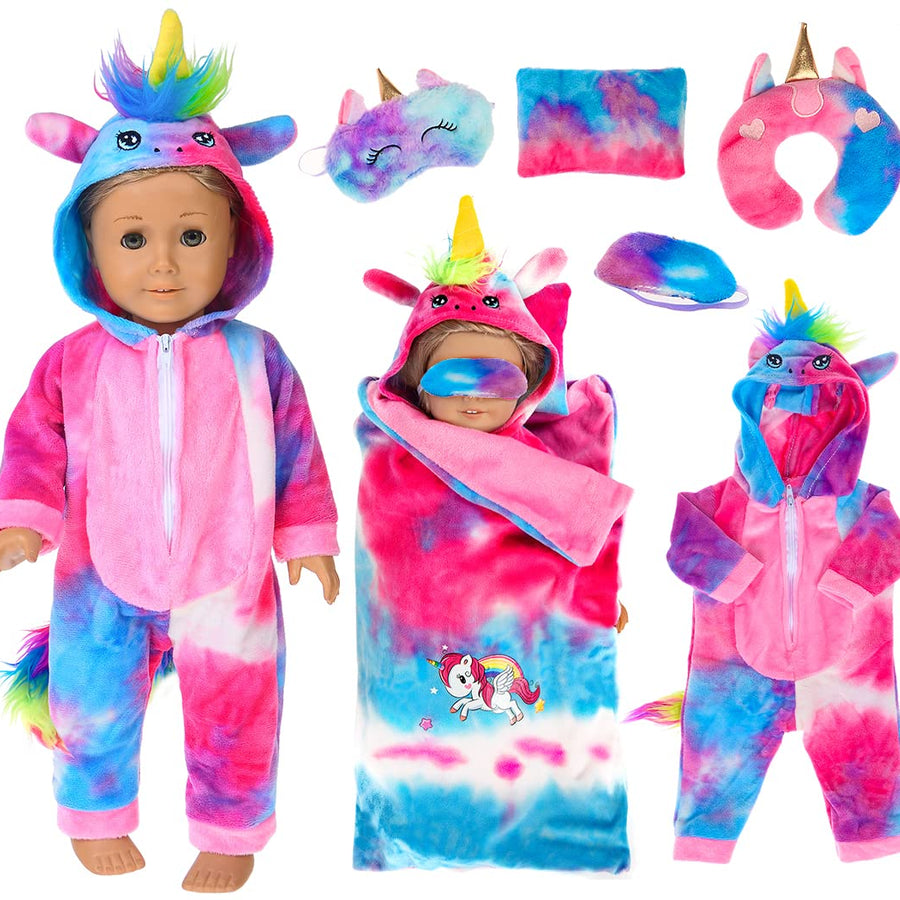 ebuddy 6 Pcs Colorful Tie-Dyed Unicorn Sleepwear Sleeping Bag Set Doll Accessories for 18 inch Our Generation Doll,American Girl Doll and 16-18 inch Baby Doll