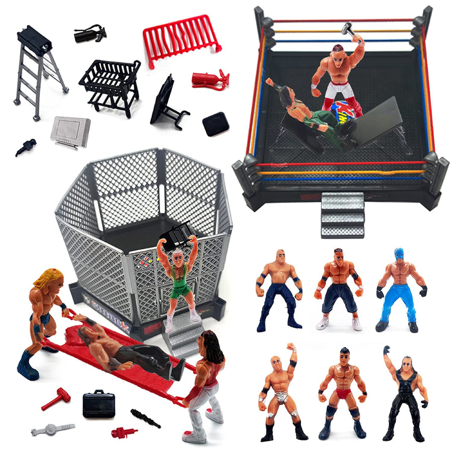 ToyVelt 32-Piece Wrestling Toys for Kids - Wrestler Warriors Toys with Ring & Realistic Accessories - Fun Miniature Fighting Action Figures Includes 2 Rings - Great Gift for Boys and Girls