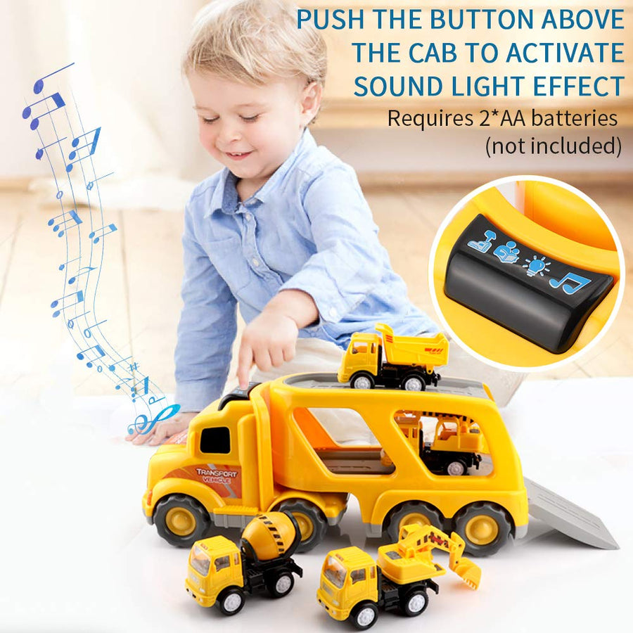 Construction Truck Toys for 3 4 5 6 Years Old Toddlers Kids Boys and Girls, Car Toy Set with Sound and Light, Play Vehicles in Friction Powered Carrier Truck, Small Crane Mixer Dump Excavator Toy