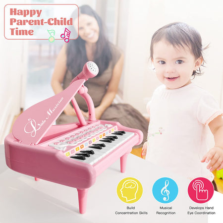 Love&Mini Piano Toy Keyboard for Kids Birthday Gift Age 1+ Pink 24 Keys Toddler Piano Music Toy Instruments with Microphone