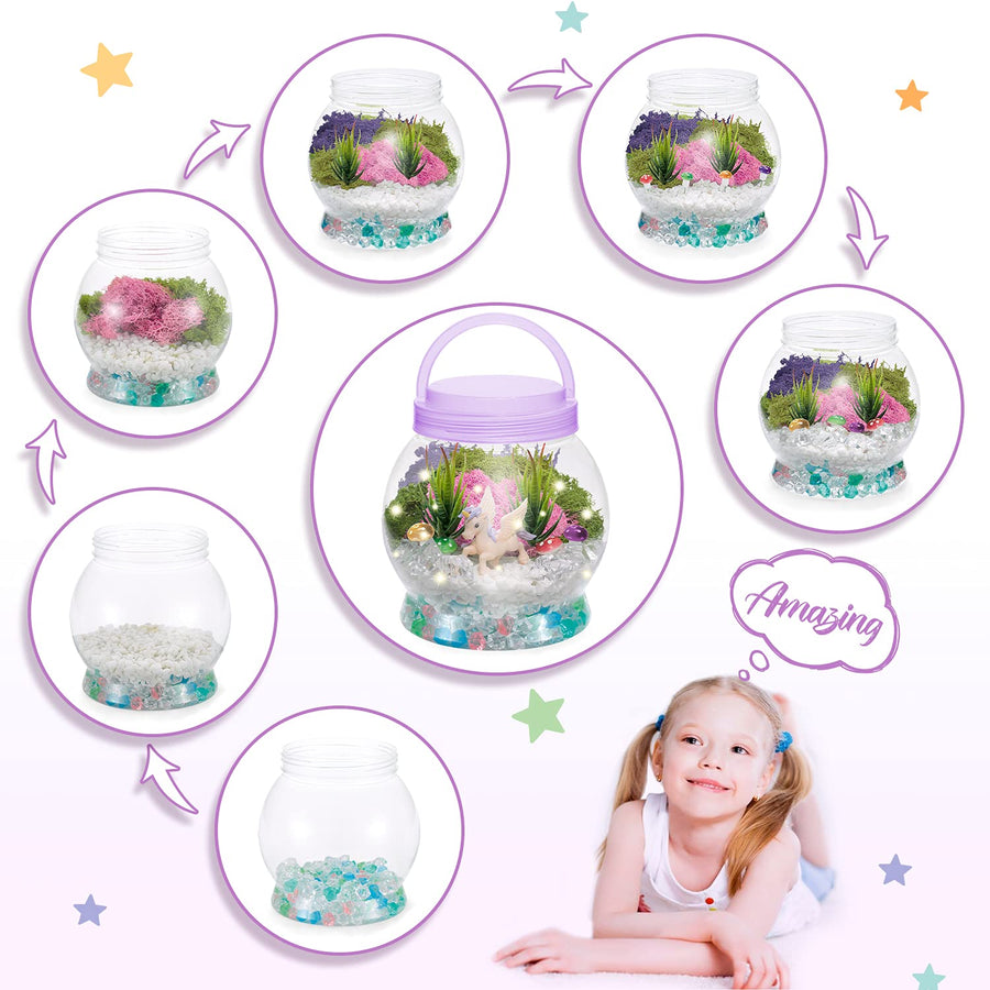 DIY Light-Up Terrarium Kit for Kids with Unicorn Toys, Building Your Wonder Garden, Unicorn Craft Nightlight Gift for Girls Age 3, 4, 5, 6, 7, 8+Years Old, Unicorn Stuff, Birthday Gift, Bedroom Decor
