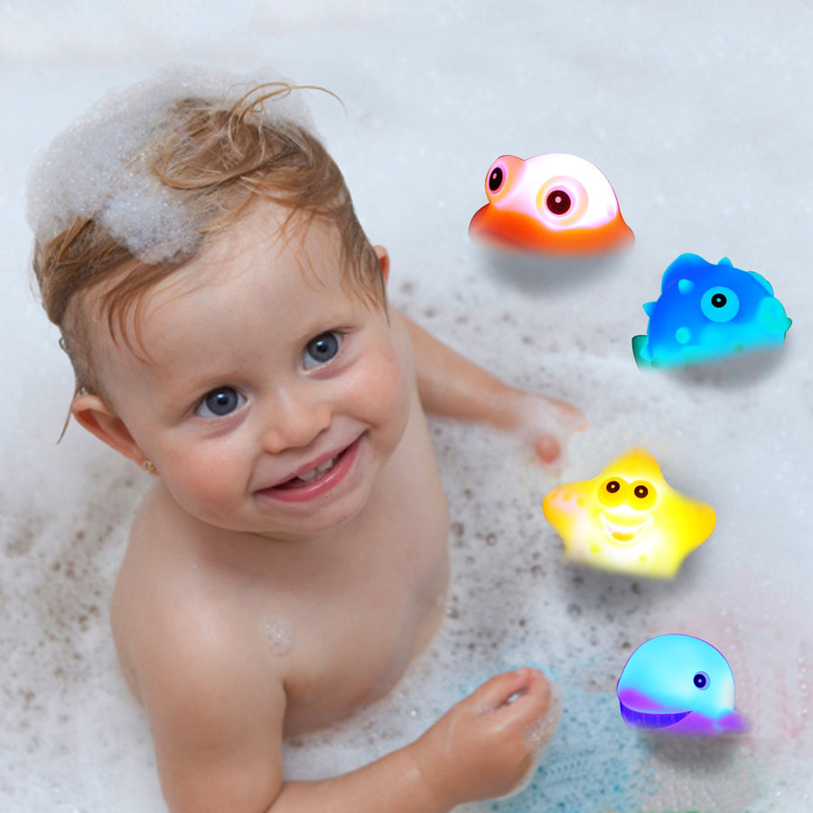 Bath Toys, 8 Pcs Light Up Floating Rubber animal Toys set, Flashing Color Changing Light in Water, Baby Infants Kids Toddler Child Preschool Bathtub Bathroom Shower Games Swimming Pool Party