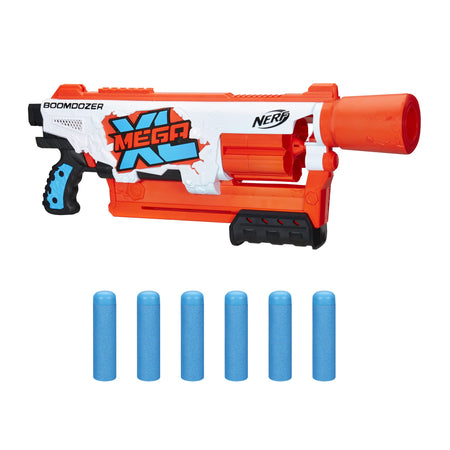 NERF Mega XL Boom Dozer Blaster, Largest Mega Darts Ever, XL 6-Dart Rotating Drum, 6 Mega XL Whistler Darts, Pump Action