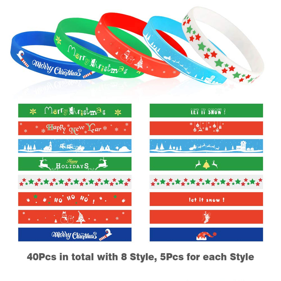 Coogam 40PCS Christmas Silicone Bracelets, Xmas Rubber Wristbands Accessories Gift for Kids Adults Stocking Stuffers, Holiday Decoration Wrist Band Party Supplies Favors