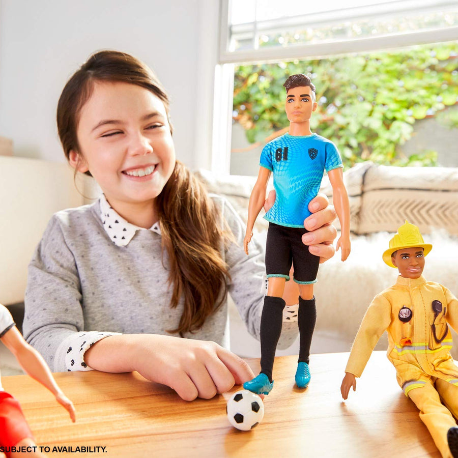 Ken Soccer Player Doll with Soccer Ball Wearing Soccer Uniform Accessorized with Soccer Socks and Cleats, Gift for 3 to 7 Year Olds
