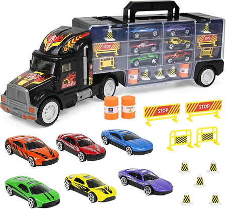 Click N' Play Transport Car Carrier Truck, Loaded with Cars, Road Signs & More. Holdup To 28 Cars. Jumbo 22" Long