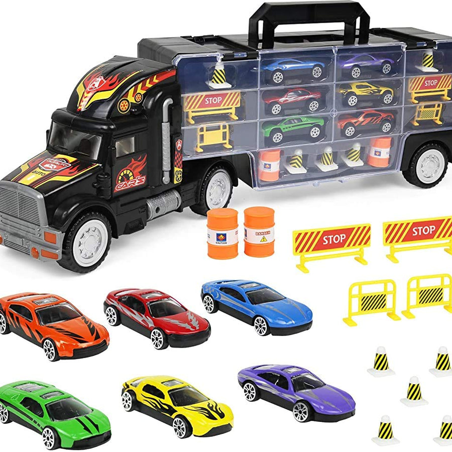 Click N' Play Transport Car Carrier Truck, Loaded with Cars, Road Signs & More. Holdup To 28 Cars. Jumbo 22" Long