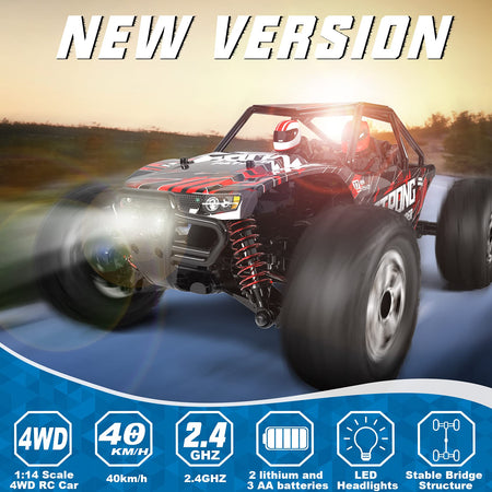 RADCLO 1:14 Scale RC Cars, 4WD High Speed 40 Km/h Monster RC Truck for All Terrain, 2.4 GHz Remote Control Car with Headlight and Two 7.4v Rechargeable Batteries for Boys Girls Kids and Adults