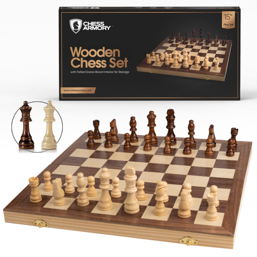 Chess Armory Chess Set 15" x 15"- Inlaid Walnut Wooden Chess Set with Folding Chess Board, Staunton Chess Pieces, & Storage Box - Chess Set Wood Board Game