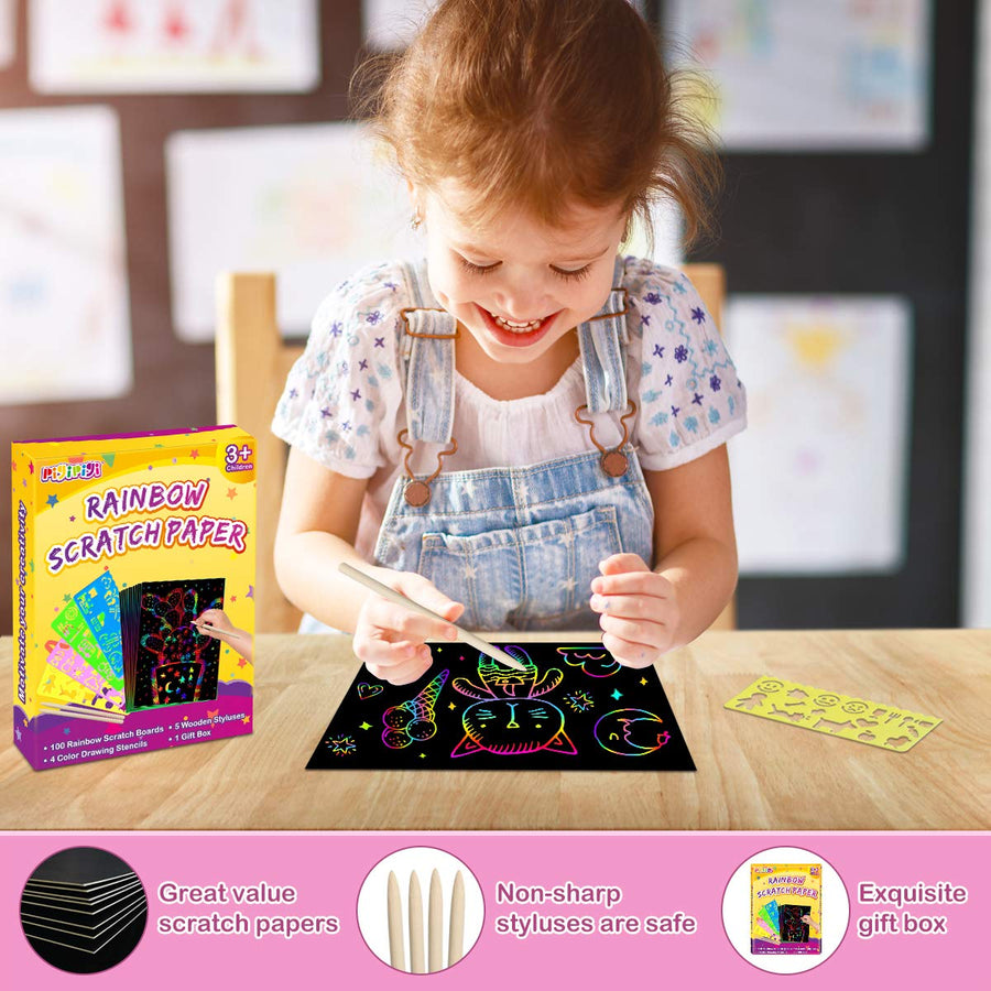 pigipigi Rainbow Scratch Paper Art - 109 Pcs Magic Scratch Off Craft Kit for Kids Color Drawing Note Pad Supply for Children Girls Boys DIY Party Favor Game Activity Birthday Christmas Toy Gift Set