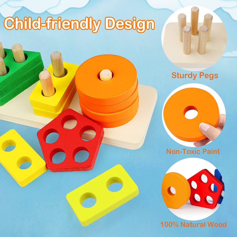 Montessori Toys for 1 to 3-Year-Old Boys Girls Toddlers, Wooden Sorting & Stacking Toys for Toddlers and Kids Preschool, Educational Toys, Color Recognition Stacker Shape Sorter, Learning Puzzles Gift