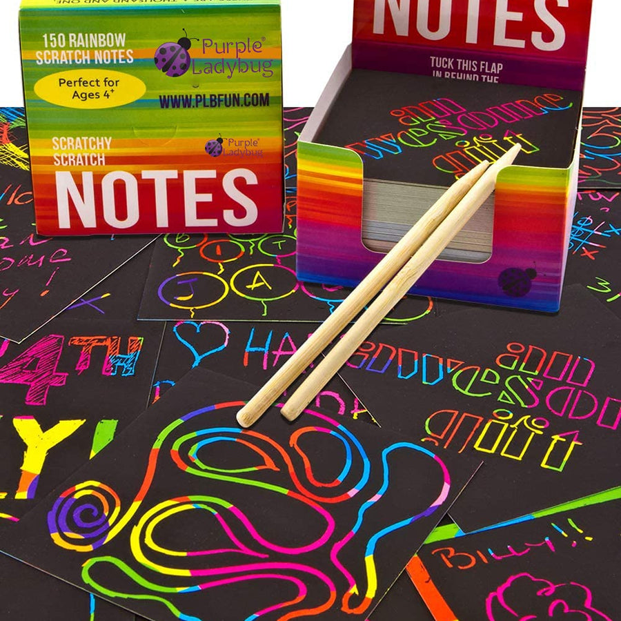 Purple Ladybug Rainbow Scratch Off Art Mini Notes Set - Great Stocking Stuffers for Kids, Teens, & Adults - with 150 Scratch Papers + 2 Wooden Stylus - Cool Christmas Gift Idea, Fun Arts & Crafts Kit