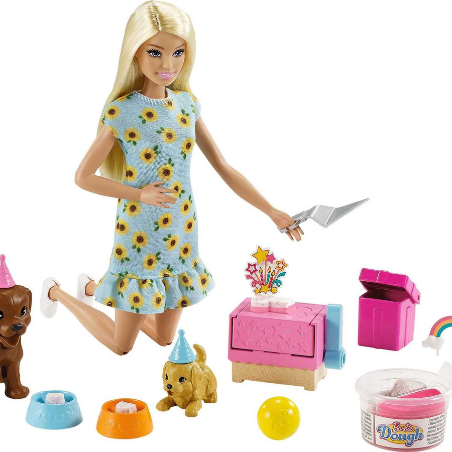 Barbie Doll (11.5-inch Blonde) and Puppy Party Playset with 2 Pet Puppies, Dough, Cake Mold and Accessories, Gift for 3 to 7 Year Olds