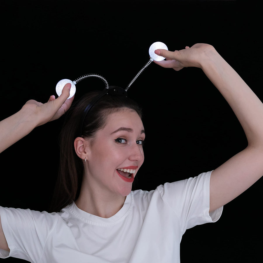 JOYIN 6 Packs LED Silver Martian Head Bopper for Halloween Lighted Up Martian Antenna Headband Flashing Alien Headpiece, Martian Headbands Set Halloween Party Costume Favor