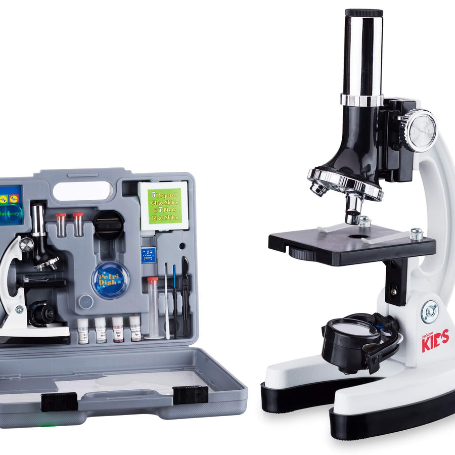 AmScope 120X-1200X 52-pcs Kids Beginner Microscope STEM Kit with Metal Body Microscope, Plastic Slides, LED Light and Carrying Box (M30-ABS-KT2-W),White