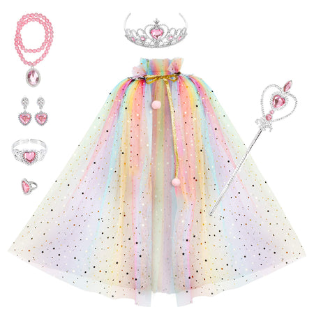 fedio Princess Cape Set 7 Pieces Girls Princess Cloak with Tiara Crown, Wand for Little Girls Dress up