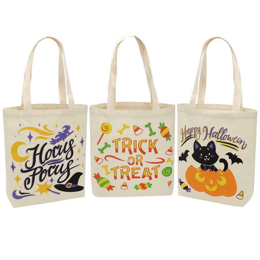 JOYIN 3 Pcs Large Halloween Canvas Tote Bags, Reusable Grocery Shopping Bag for Trick-or-Treating, Halloween Party Favors, Halloween Snacks, Event Party Favor Supplies, Halloween Trick or Treat Bags
