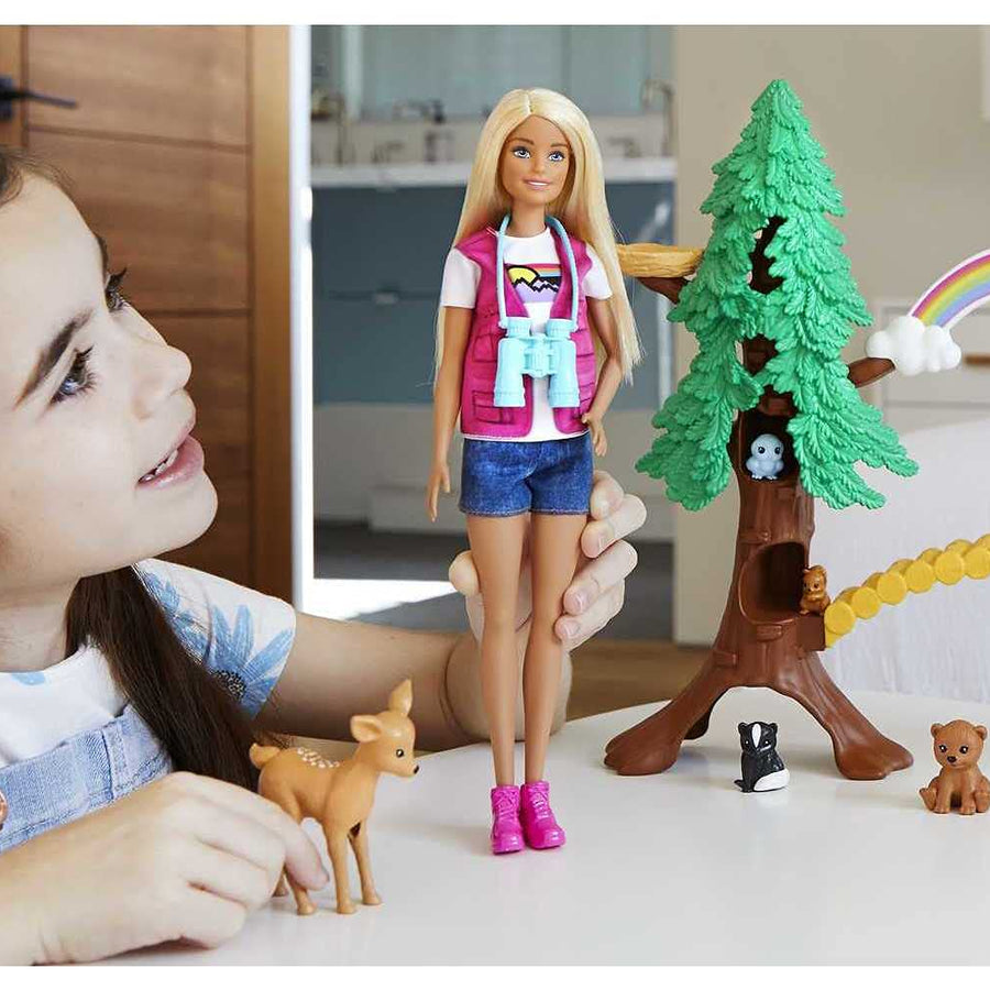 Barbie Wilderness Guide Interactive Playset with Blonde Doll (12-in), Outdoor Tree, Bridge, Overhead Rainbow, 10 Animals & More, Great Gift for Ages 3 Years Old & Up