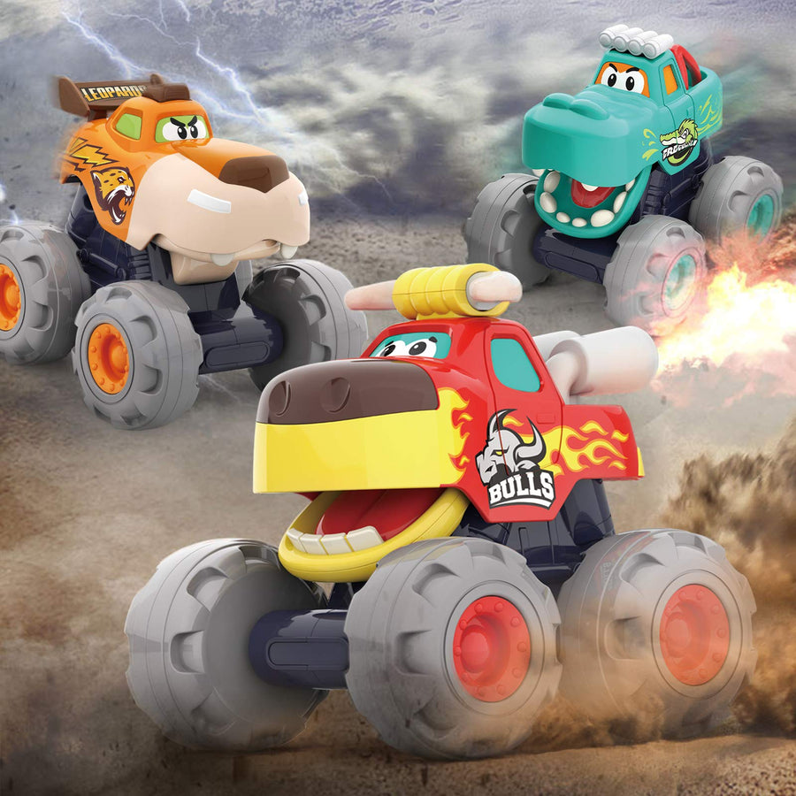 Toy Cars for 1 2 3 Year Old 3 Pack Monster Truck Toy Push & Go Crocodile Car Friction Powered Bull Car Pull Back Leopard Car Big Wheel Animal Toy Car Baby Toy Gift for 12 18 Month Boys Girls Toddlers