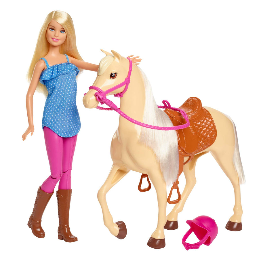 Barbie Doll, Blonde, Wearing Riding Outfit with Helmet, and Light Brown Horse with Soft White Mane and Tail, Gift for 3 to 7 Year Olds