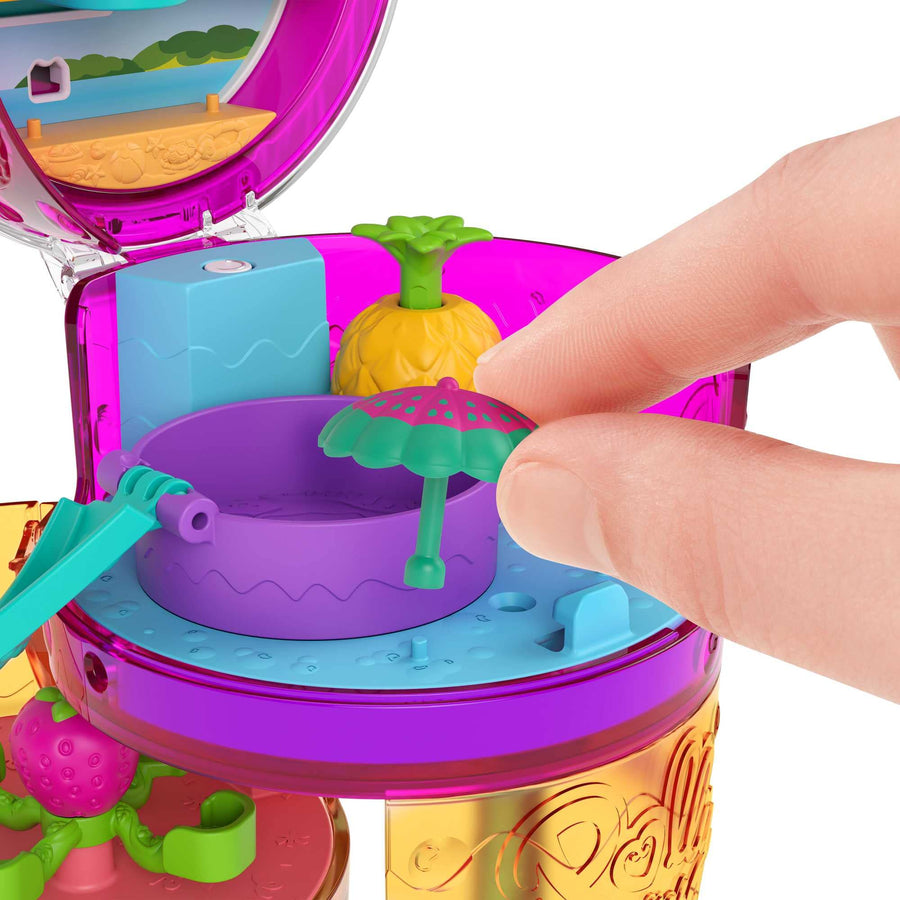 Polly Pocket Spin ‘n Surprise Compact Playset, Tropical Smoothie Shape, Waterpark Theme, 3 Floors, 25 Surprise Accessories Including Polly & Shani Dolls, Great Gift for Ages 4 Years Old & Up