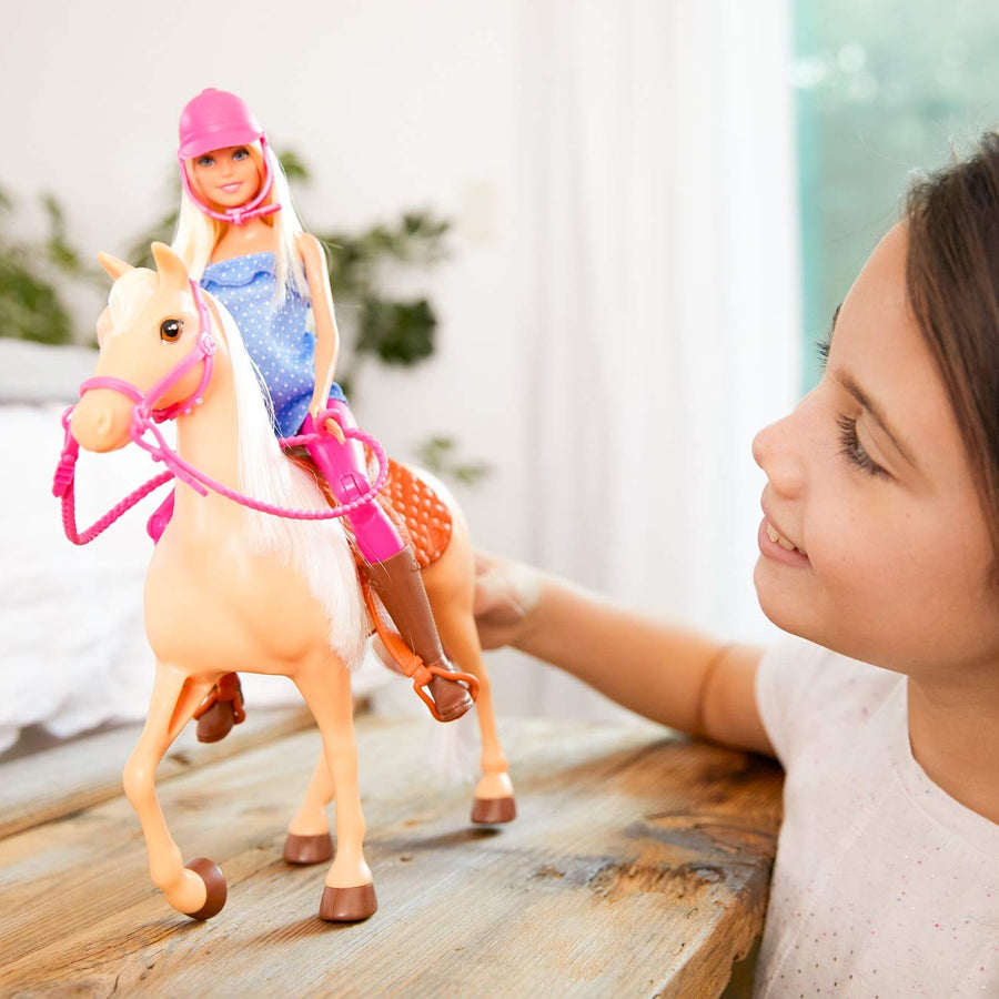 Barbie Doll, Blonde, Wearing Riding Outfit with Helmet, and Light Brown Horse with Soft White Mane and Tail, Gift for 3 to 7 Year Olds