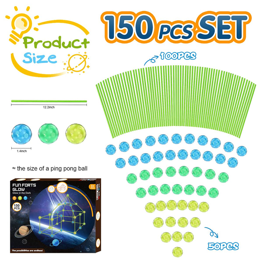 150 Pcs Glow Fort Building Kits for Kids, Creative Toys Forts for 3-14 Years Old Tent Construction Forts, Ultimate Forts Builder DIY Building Tent Learning Toy for Indoor & Outdoor Teepee Kit