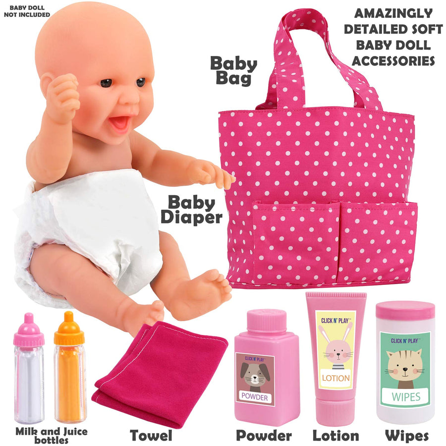 Click N' Play Baby Girl Doll Pink Soft Carrying Bag Including Cleaning Caring and Feeding Accessories
