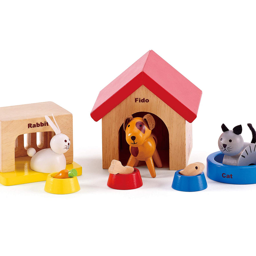 Family Pets Wooden Dollhouse Animal Set by Hape | Complete Your Wooden Dolls House with Happy Dog, Cat, Bunny Pet Set with Complimentary Houses and Food Bowls