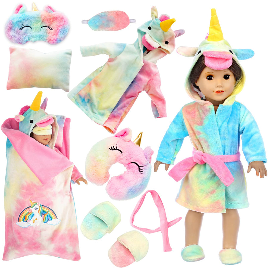 XFEYUE 18 inch Doll Clothes and Doll Sleeping Bag Set - Rainbow Unicorn Doll Costume with Unicorn Style Sleeping Bag, Pillow, Eye Mask Slumber Party Accessories Fits American 18 Inch Girl Doll