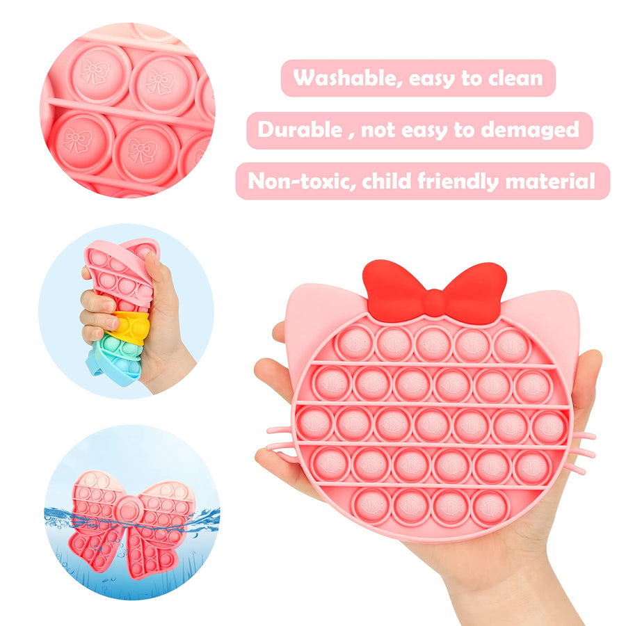 Asona Girls Push Bubble Fidget Toys 4 Packs with Pop Sound, Pastel Rainbow Butterfly Pink Cute Kitten Cat Bow Blue Seashell Popper Autism Sensory Stress Reliever Toys for Toddlers Kids Car Travel