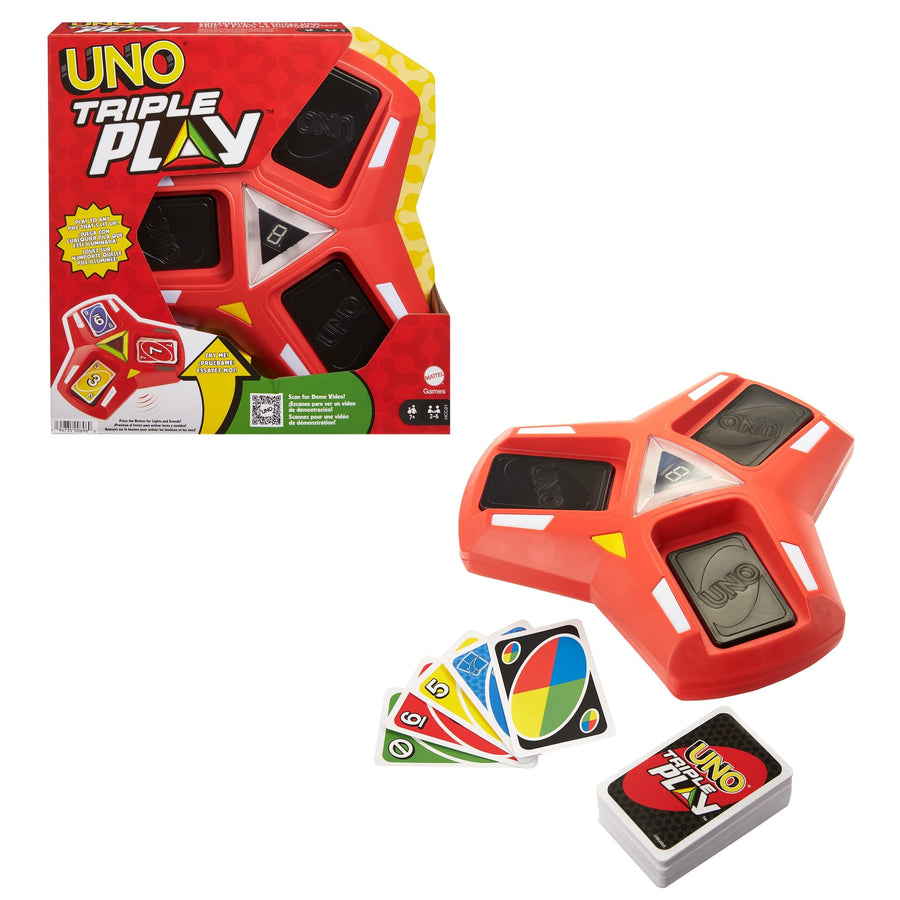 Mattel UNO Triple Play Card Game with Card-Holder Unit with Lights & Sounds & 112 Cards, Kid, Teen & Adult Game Night Gift Ages 7 Years & Older