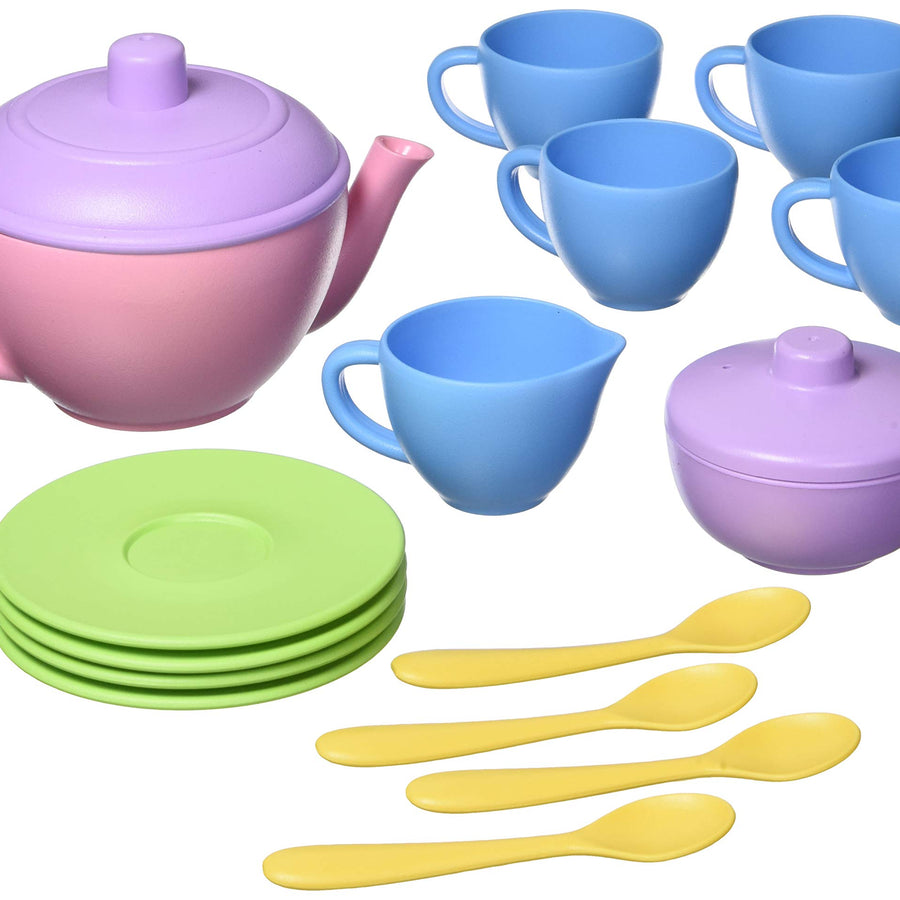 Green Toys Tea Set, Pink 4C - 17 Piece Pretend Play, Motor Skills, Language & Communication Kids Role Play Toy. No BPA, phthalates, PVC. Dishwasher Safe, Recycled Plastic, Made in USA.