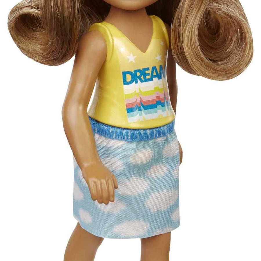 Barbie Chelsea Doll (6-inch Brunette) Wearing Skirt with Cloud Print and White Shoes, Gift for 3 to 7 Year Olds