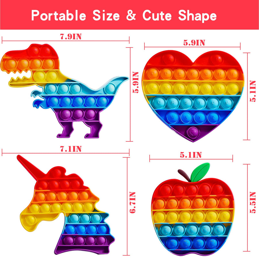 Abesee 4 Pack Rainbow Pop Fidget Toys, Its Poppers Bubble with Pop Sound Sensory Fidget Toy Tie Dye Unicorn Dinosaur for Kids and Adults Stress Relief, ADHD Autism Silicone Pressure Relieving Toys