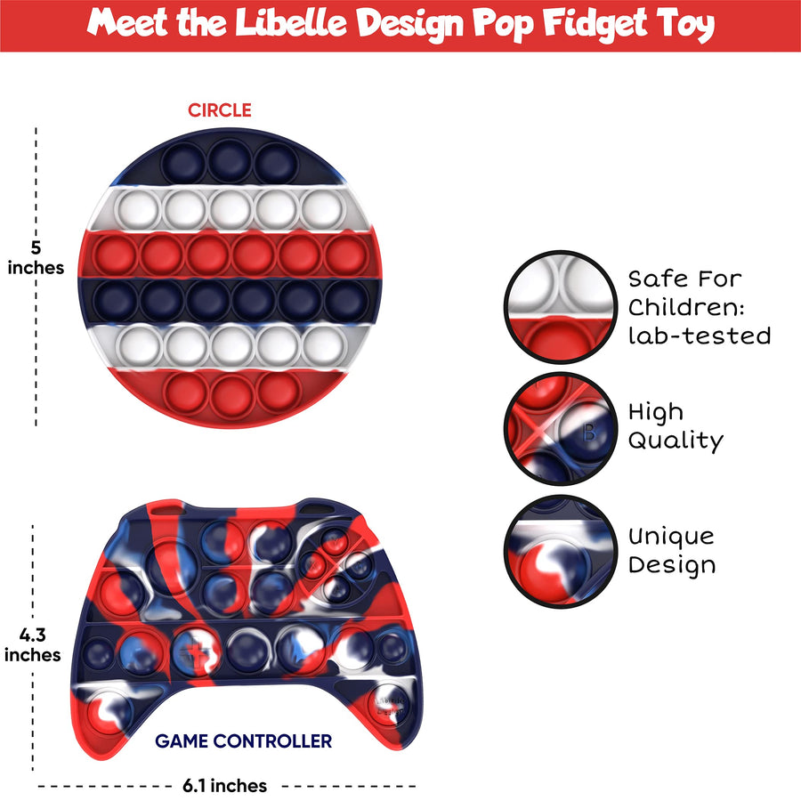 Libelle Design 2Pack Push Pop Fidget Toy for Stress Relief and Bubble Popping Sensory Toy for Kids (Merica Colors Video Controller + Circle 2-Pack)