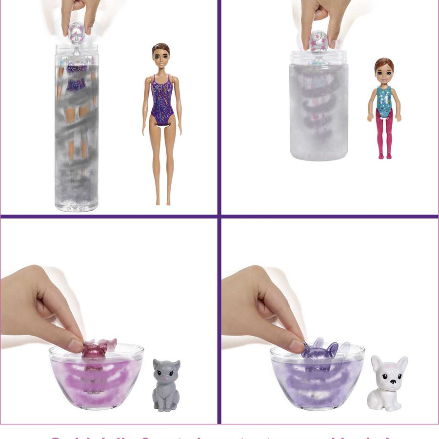 Barbie Color Reveal Surprise Party Set with 50+ Surprises: 1 Doll, 1 Chelsea Doll, 2 Pets, 6 Color-Change Activations, Accessories & More, Dance Party-Themed Set, Gift for Kids 3 Years Old & Up