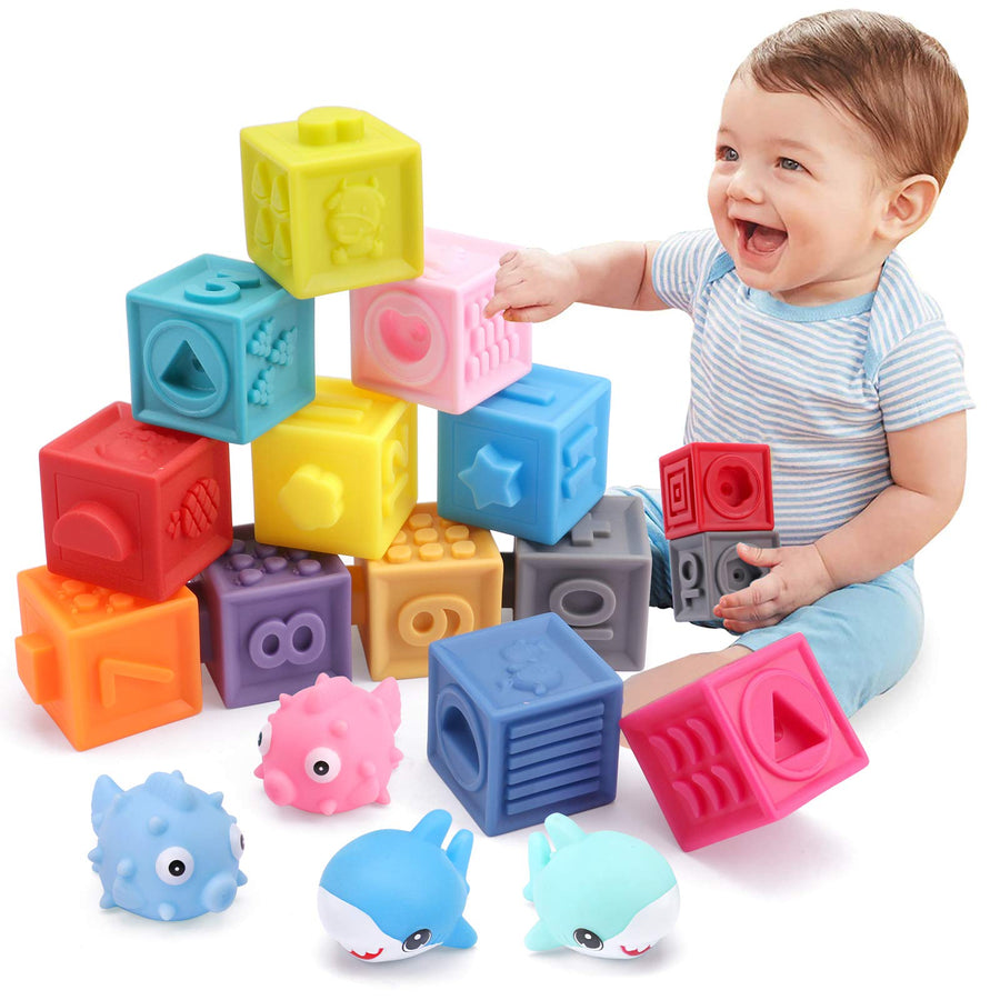 OWNONE 1 Baby Soft Blocks, 16PCS Stacking Building Blocks, Teething & Squeezing Toys for Babies, Cube Blocks with Numbers Animals Fruits, Soft Toys for Babies Infants Toddlers Age 6 to 12 Months Up