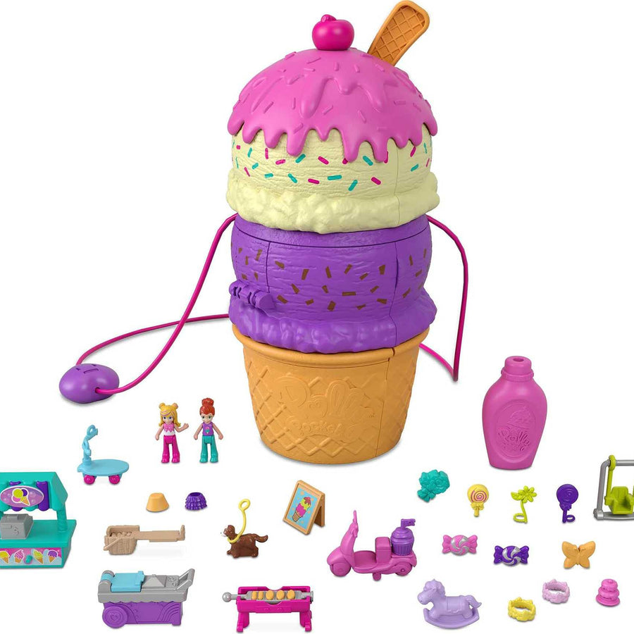 Polly Pocket Spin ‘n Surprise Compact Playset, Ice Cream Cone Shape, Playground Theme, 3 Floors, 25 Surprise Accessories Including Micro Polly & Lila Dolls, Great Gift for Ages 4 Years Old & Up