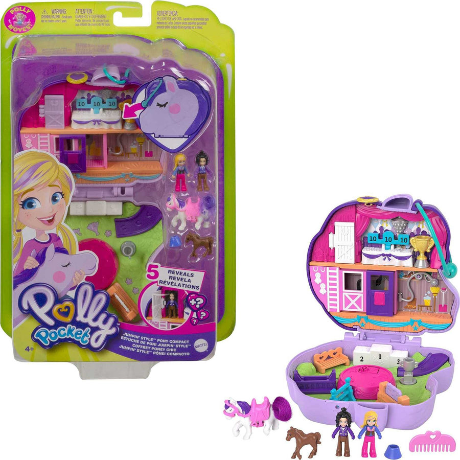 Polly Pocket Jumpin’ Style Pony Compact with Horse Show Theme, Micro Polly Doll & Friend, 2 Horse Figures (1 with Saddle & Tail Hair), Fun Features & Surprise Reveals, Great Gift for Ages 4 & Up