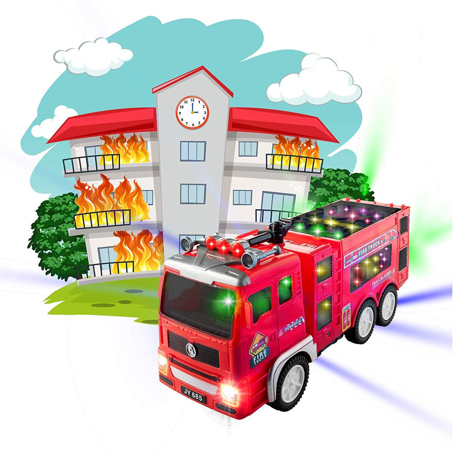 Electric Fire Truck Kids Toy - with Bright Flashing 4D Lights & Real Siren Sounds | Bump and Go Firetruck for Boys | Automatic Steering on Contact | Fire Engine Toy Trucks for Imaginative Play