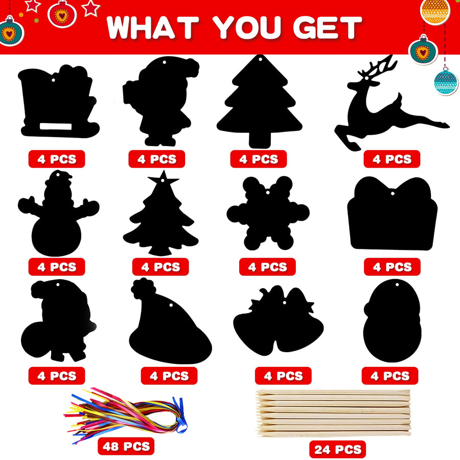 Max Fun Rainbow Color Scratch Christmas Ornaments (48 Counts) - Magic Scratch Off Cards Paper Hanging Art Craft Supplies Educational Toys Kit with 48 PCS Drawing Sticks & Cords for Kids Party Favors