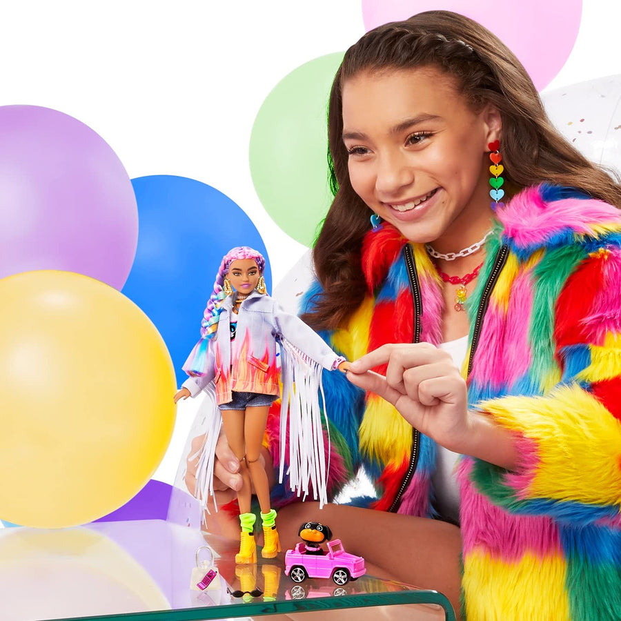 Barbie Extra Doll #5 in Long-Fringe Denim Jacket with Pet Puppy, Rainbow Braids, Layered Outfit & Accessories Including Car for Pet, Multiple Flexible Joints, Gift for Kids 3 Years Old & Up, 12 inch