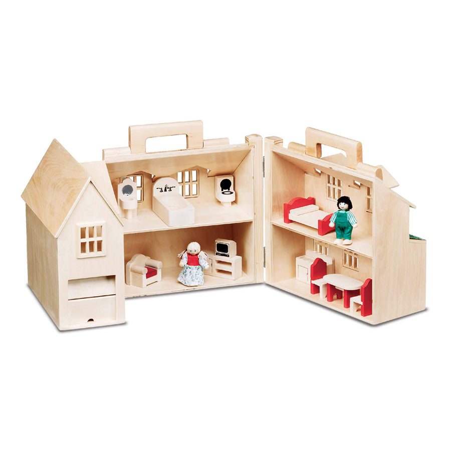 Melissa & Doug Fold & Go Wooden Dollhouse With 2 Play Figures and 11 Pieces of Furniture