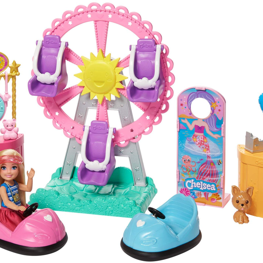 Barbie Club Chelsea Doll and Carnival Playset, 6-inch Blonde Wearing Fashion and Accessories, with Ferris Wheel, Bumper Cars, Puppy and More, Gift for 3 to 7 Year Olds