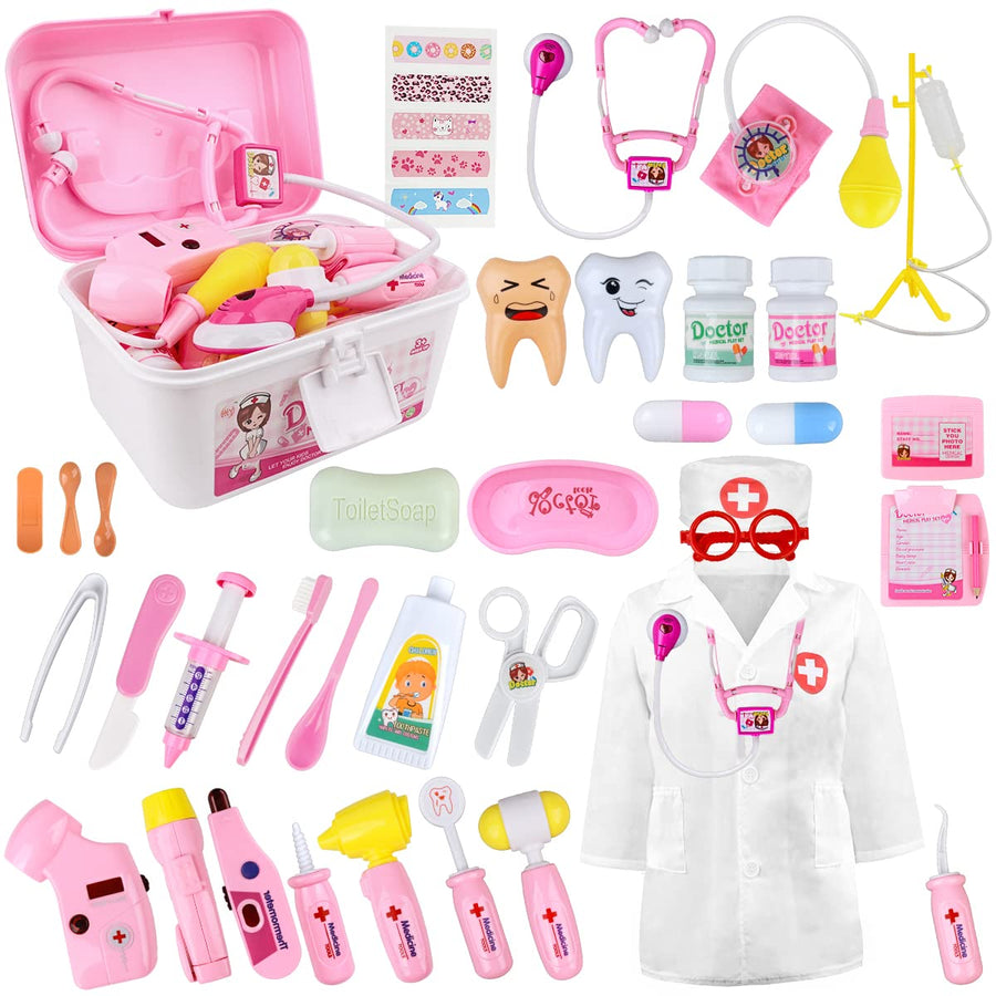LOYO Medical Kit for Kids - 35 Pieces Doctor Pretend Play Equipment, Dentist Kit for Kids, Doctor Play Set with Gift Case (Pink)