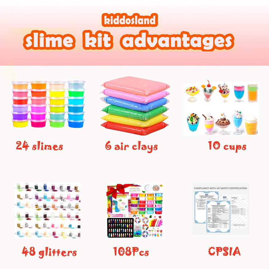 Slime Kit,Slime 24 and Clay 6 DIY Slime Kit for Girls Boys Kids,108Pcs Big Slime Making Kit Clear Slime,48 Glitters,Slime Supplies for Party Favors,Kids Gift Ages 3+